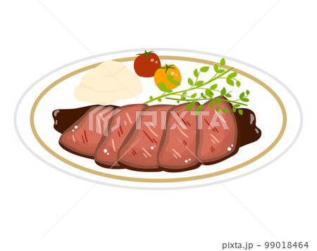 マッシュポテト、トマト、クレソンが乗ったローストビーフのプレート、ベクターイラスト。 マッシュポテト、トマト、クレソンが乗ったローストビーフのプレート、ベクターイラスト。 99018464