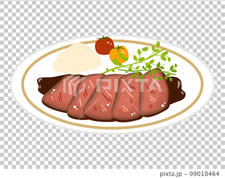 マッシュポテト、トマト、クレソンが乗ったローストビーフのプレート、ベクターイラスト。 マッシュポテト、トマト、クレソンが乗ったローストビーフのプレート、ベクターイラスト。 99018464