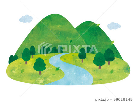山と川と森のシンプルな水彩画風景 99019149