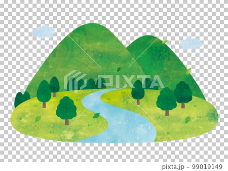 山と川と森のシンプルな水彩画風景 99019149
