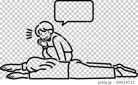 Illustration of a person who rescues a fallen woman Line drawing only 99019715