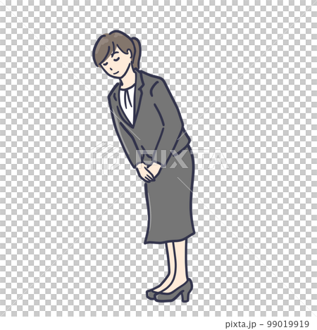 一個穿著西裝的女人全身鞠躬的插圖 一個穿著西裝的女人全身鞠躬的插圖 99019919