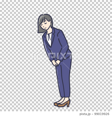 一個穿著褲子西裝鞠躬的女人的插圖，全身 99019926