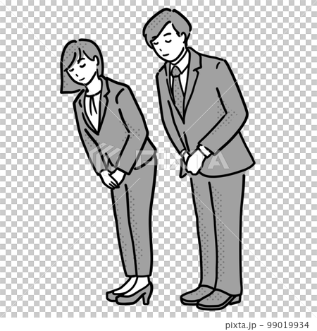 Monochrome illustration of men and women in suits bowing, whole body Monochrome illustration of men and women in suits bowing, whole body 99019934