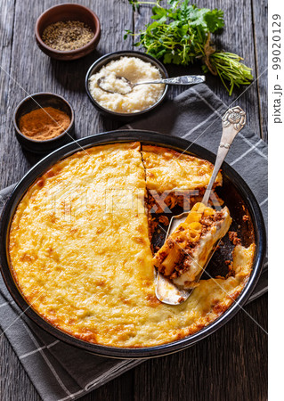 Greek Pastitsio in baking dish, top view Greek Pastitsio in baking dish, top view 99020129