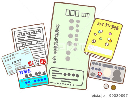 医療機関の初診の際の持ち物　健康保険証　お薬手帳　診療情報提供書 99020897