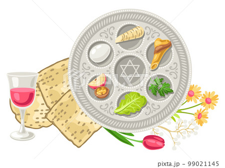 Happy Pesach Jewish Passover plate illustration. Holiday background with traditional symbols. Happy Pesach Jewish Passover plate illustration. Holiday background with traditional symbols. 99021145