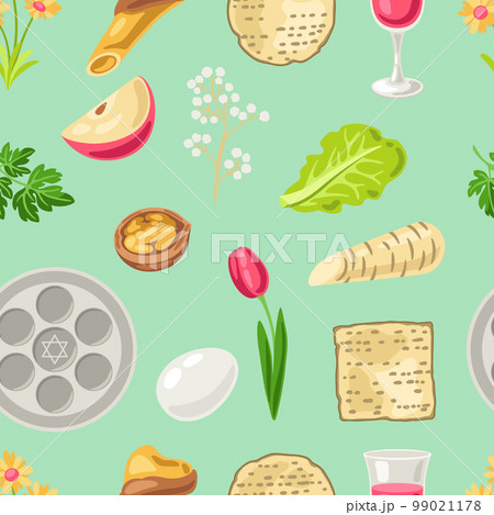 Happy Pesach Jewish Passover plate seamless pattern. Holiday background with traditional symbols. 99021178
