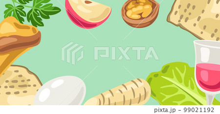 Happy Pesach Jewish Passover plate greeting card. Holiday background with traditional symbols. 99021192