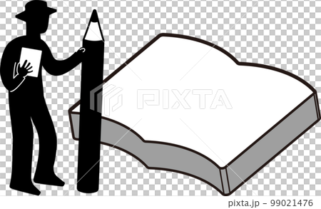 A silhouette of a man holding a large pencil and explaining in front of a large book/notebook A silhouette of a man holding a large pencil and explaining in front of a large book/notebook 99021476
