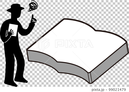 A silhouette of a man holding a document that raises his index finger in front of a large book/notebook and is confused A silhouette of a man holding a document that raises his index finger in front of a large book/notebook and is confused 99021479
