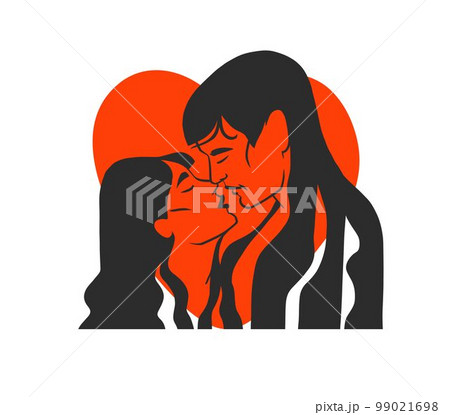 Hand drawn vector abstract graphic illustration Valentines day cards template, drawing kissing couple portrait set in line art style.Love couple kissing together.Valentines beautiful design concept. 99021698