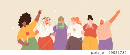 Beautiful happy women hugging woman day Beautiful happy women hugging woman day 99021782