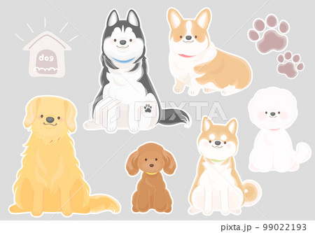 おすわりした犬のイラストセット　シンプルな目 99022193