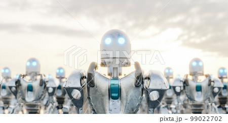 Crowd of robots under cloudy sundown sky. 3d render 99022702