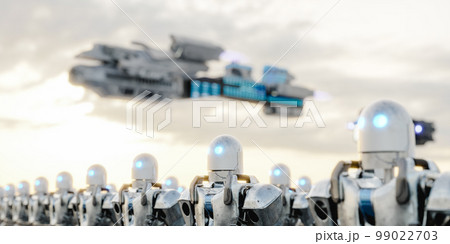 Crowd of robots standing in cyberspace under UFO. 3d render 99022703