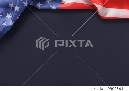 American flag on blue navy background. Top view. Copy space. 99023014