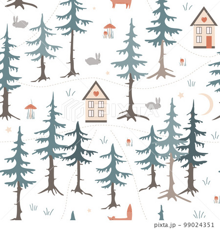 Vector seamless pattern with houses and wild forest life, fox, rabbit, and fly agaric mushrooms. Can be printed and used as wrapping paper, wallpaper, textile, fabric, etc 99024351