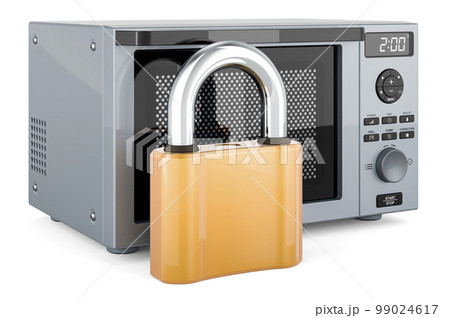 Combination oven, microwave with padlock, 3D rendering Combination oven, microwave with padlock, 3D rendering 99024617