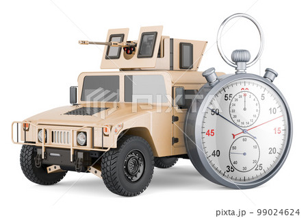 High Mobility Multipurpose Wheeled Vehicle with stopwatch. 3D rendering High Mobility Multipurpose Wheeled Vehicle with stopwatch. 3D rendering 99024624