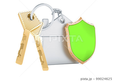 Home key with keychain with shield, 3D rendering Home key with keychain with shield, 3D rendering 99024625