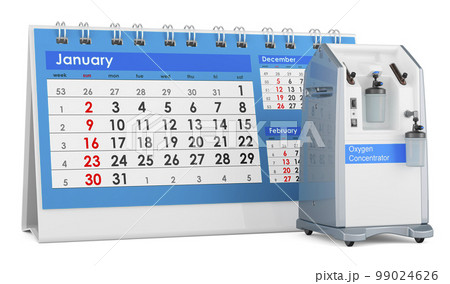 Home Oxygen Concentrator with desk calendar, 3D rendering Home Oxygen Concentrator with desk calendar, 3D rendering 99024626