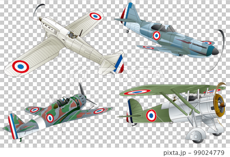 A vector illustration set of four types of French single-seat propeller fighter aircraft that were active before and after World War II. 99024779