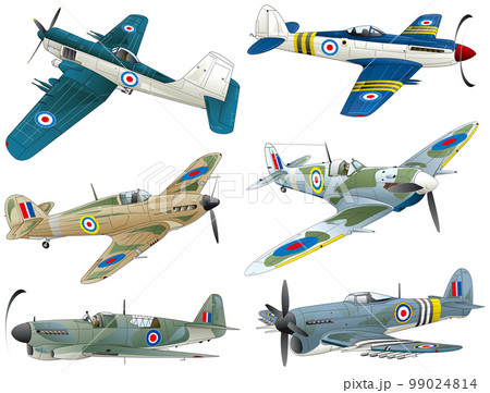第二次世界大戦前後に活躍した大英帝国の単座プロペラ戦闘機6種類vectorイラストセット。 99024814