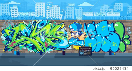 Colorful Outdoor Urban Streetart Graffiti Wall With Drawings Against The Background Of The Cityscape Vector Illustration 99025454