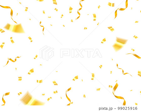 Falling shiny golden confetti isolated on white background. Bright festive tinsel of gold color 99025916