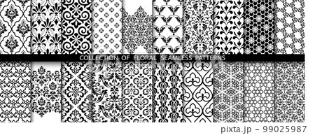 Geometric floral set of seamless patterns. White and black vector backgrounds. Damask graphic ornaments. Geometric floral set of seamless patterns. White and black vector backgrounds. Damask graphic ornaments. 99025987