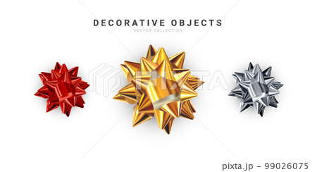 Set of realistic shiny vector bows isolated on white background. Golden, silver, red gift bows for cards, presentation, valentine's day, christmas and birthday illustrations 99026075