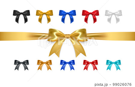 Set of realistic vector bows isolated on white background. Golden, white, black, red, blue gift bows for cards, presentation, valentine's day, christmas and birthday illustrations. Top view 99026076