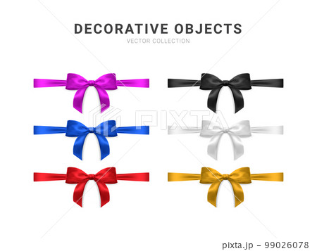 Set of realistic vector bows isolated on white background. Golden, black, purple, red, blue gift bows for cards, presentation, valentine's day, christmas and birthday illustrations. Top view 99026078