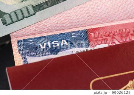 Russian passport with a US visa and a hundred dollars as a symbol of emigration 99026122
