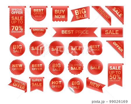 Vector red labels isolated on white background. Sale promotion, website stickers, new offer badge collection. Flat badges discount and tags. Best choice tags. Vector illustration 99026169