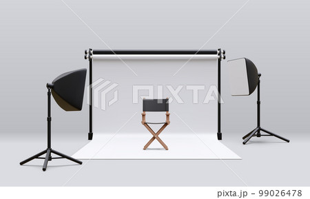 3d realistic interior of modern photo studio with chair and professional lighting equipment. Empty photography studio with spotlights. Vector illustration 3d realistic interior of modern photo studio with chair and professional lighting equipment. Empty photography studio with spotlights. Vector illustration 99026478