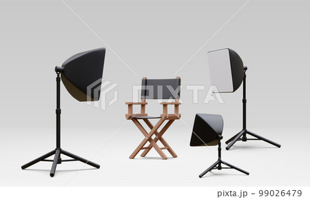 3d realistic interior of modern photo studio with chair and professional lighting equipment. Empty photography studio with spotlights. Vector illustration 3d realistic interior of modern photo studio with chair and professional lighting equipment. Empty photography studio with spotlights. Vector illustration 99026479