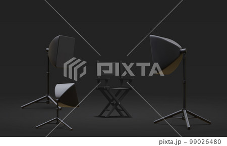 3d realistic interior of modern photo studio with chair and professional lighting equipment. Empty photography studio with spotlights. Vector illustration 3d realistic interior of modern photo studio with chair and professional lighting equipment. Empty photography studio with spotlights. Vector illustration 99026480