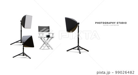 3d realistic interior of modern photo studio with chair, camera and professional lighting equipment. Empty photography studio with spotlights. Vector illustration 99026482