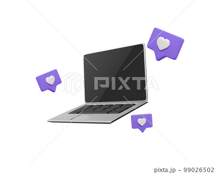 3d realistic laptop with social media likes flying around the device. Online social concept with laptop in cartoon style. Vector illustration 3d realistic laptop with social media likes flying around the device. Online social concept with laptop in cartoon style. Vector illustration 99026502