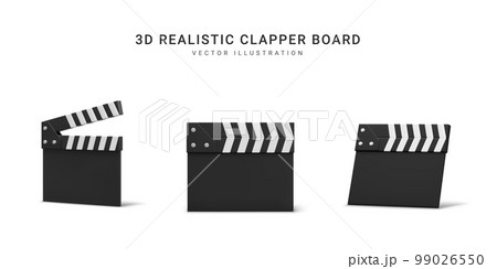 Set of 3d realistic clappers boards isolated on white background. Cinema production equipment, film clappers for shooting footages or movie scenes. Vector illustration 99026550