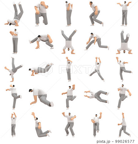 The man with beard wearinggray corduroy pants and white collar t-shirt is expression of body or doing exercise. 3d rendering of cartoon character in acting. The man with beard wearinggray corduroy pants and white collar t-shirt is expression of body or doing exercise. 3d rendering of cartoon character in acting. 99026577