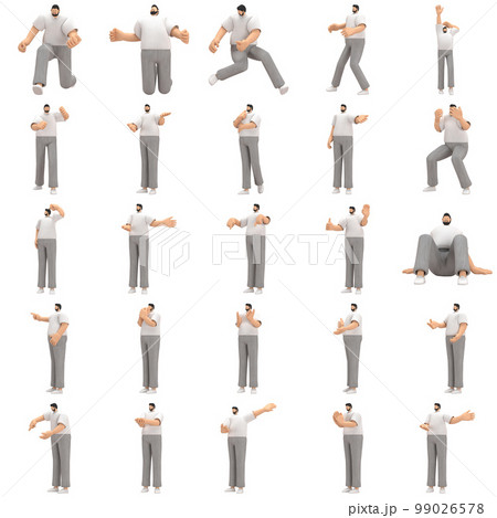The man with beard wearinggray corduroy pants and white collar t-shirt is expression of body or doing exercise. 3d rendering of cartoon character in acting. The man with beard wearinggray corduroy pants and white collar t-shirt is expression of body or doing exercise. 3d rendering of cartoon character in acting. 99026578