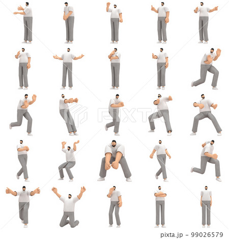 The man with beard wearinggray corduroy pants and white collar t-shirt is expression of body or doing exercise. 3d rendering of cartoon character in acting. The man with beard wearinggray corduroy pants and white collar t-shirt is expression of body or doing exercise. 3d rendering of cartoon character in acting. 99026579