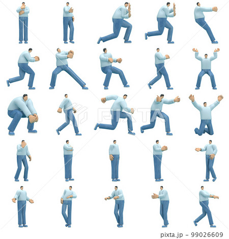 The man wearing jeans and long shirt is expression of body or doing exercise. 3d rendering of cartoon character in acting. The man wearing jeans and long shirt is expression of body or doing exercise. 3d rendering of cartoon character in acting. 99026609