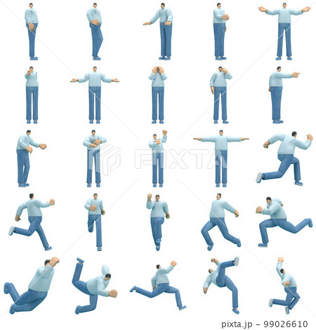 The man wearing jeans and long shirt is expression of body or doing exercise. 3d rendering of cartoon character in acting. The man wearing jeans and long shirt is expression of body or doing exercise. 3d rendering of cartoon character in acting. 99026610