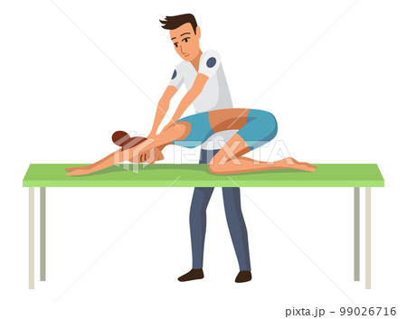 Massage therapist at work. Patient lying on couch, enjoying body relaxing treatment. Physiotherapist practicing massage, isolated cartoon characters. Flat vector illustration Massage therapist at work. Patient lying on couch, enjoying body relaxing treatment. Physiotherapist practicing massage, isolated cartoon characters. Flat vector illustration 99026716