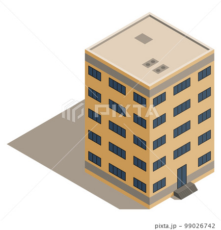 Isometric office buiding of grain elevator. Storage of grown harvest. Transrportation of agricultural products. Granary industrial building. Vector stylized icon Isometric office buiding of grain elevator. Storage of grown harvest. Transrportation of agricultural products. Granary industrial building. Vector stylized icon 99026742