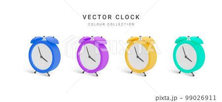 Collection of colour vintage alarm clock with shadow isolated on white background. Vector illustration 99026911